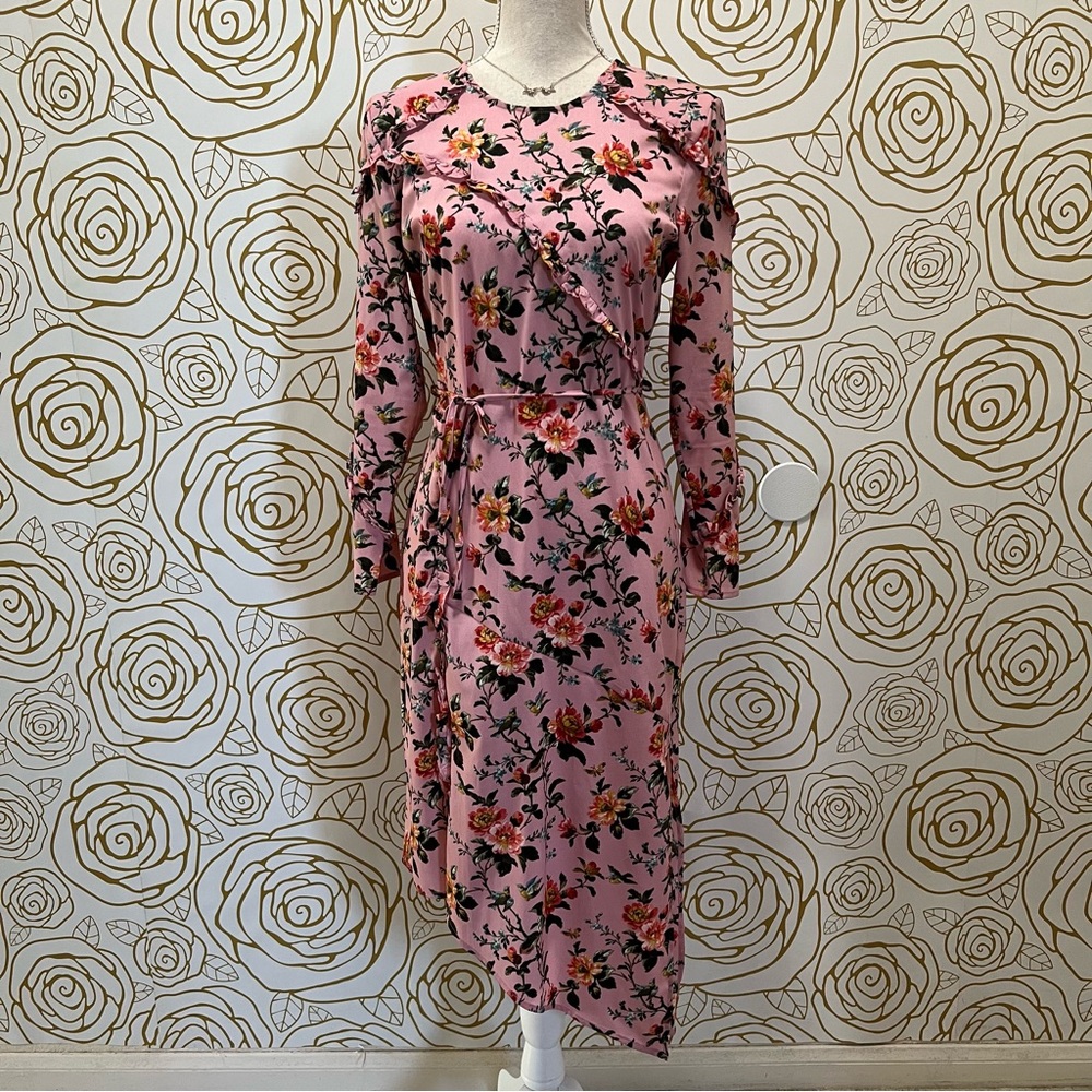 Topshop Pink Floral Ruffle Midi Dress